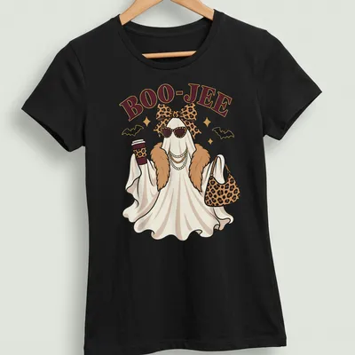 Kawaii ghost with leopard accessories and BOO-JEE text in white and gold — printed on a women's shirt