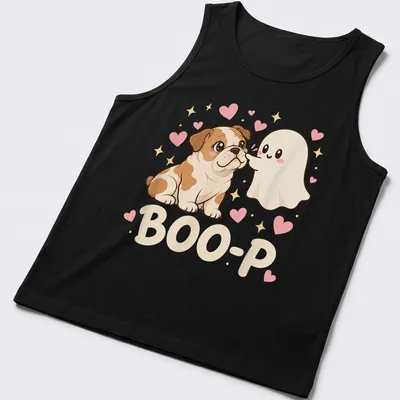 Kawaii design of an English Bulldog with a ghost, featuring the text BOO-P — printed on a tank top