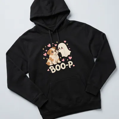 Kawaii design of an English Bulldog with a ghost, featuring the text BOO-P — printed on a unisex hoodie