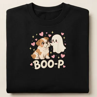Kawaii design of an English Bulldog with a ghost, featuring the text BOO-P — printed on a unisex sweatshirt