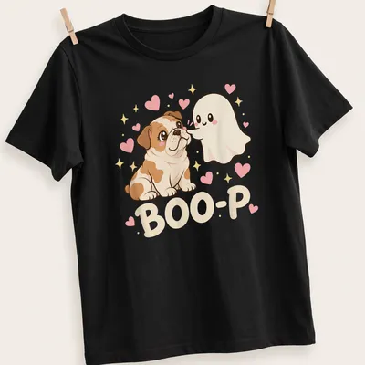 Kawaii design of an English Bulldog with a ghost, featuring the text BOO-P