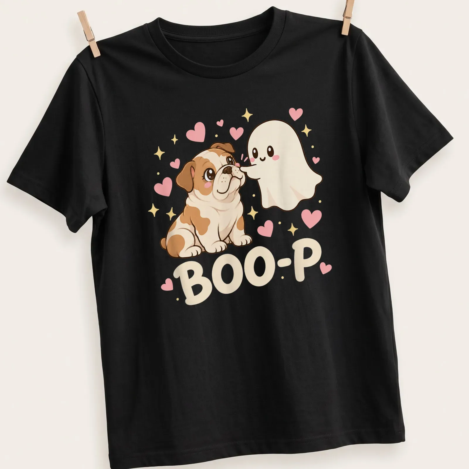 Kawaii design of an English Bulldog with a ghost, featuring the text BOO-P — printed on a unisex t-shirt