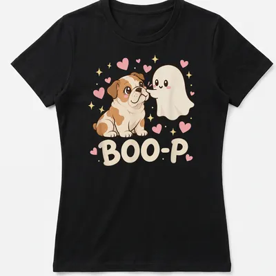 Kawaii design of an English Bulldog with a ghost, featuring the text BOO-P — printed on a women's shirt