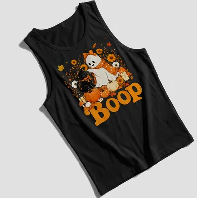 Kawaii illustration of a cute ghost and black cat with 'Boop' text in a Halloween theme — printed on a tank top