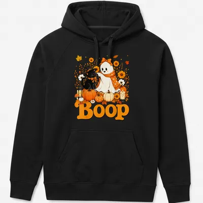 Kawaii illustration of a cute ghost and black cat with 'Boop' text in a Halloween theme — printed on a unisex hoodie
