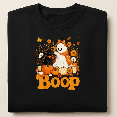 Kawaii illustration of a cute ghost and black cat with 'Boop' text in a Halloween theme — printed on a unisex sweatshirt