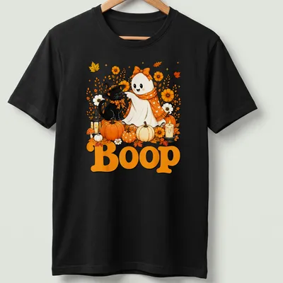 Kawaii illustration of a cute ghost and black cat with 'Boop' text in a Halloween theme