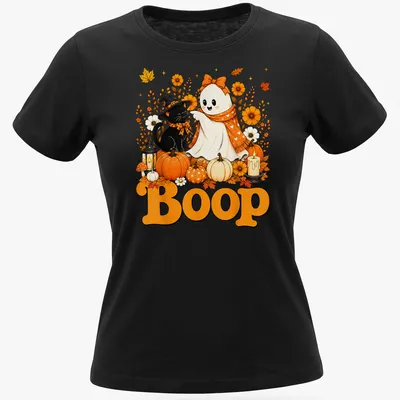 Kawaii illustration of a cute ghost and black cat with 'Boop' text in a Halloween theme — printed on a women's shirt