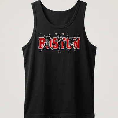Vintage baseball shirt with Boston printed text and players in action. — printed on a tank top