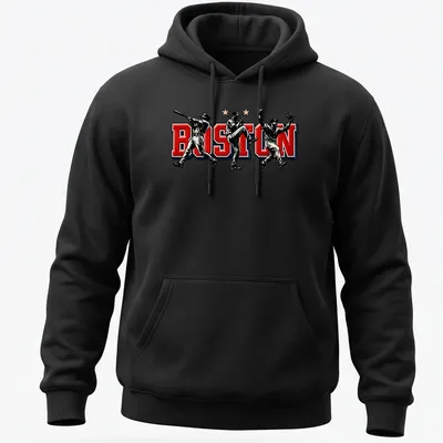 Vintage baseball shirt with Boston printed text and players in action. — printed on a unisex hoodie