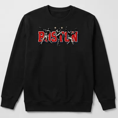 Vintage baseball shirt with Boston printed text and players in action. — printed on a unisex sweatshirt