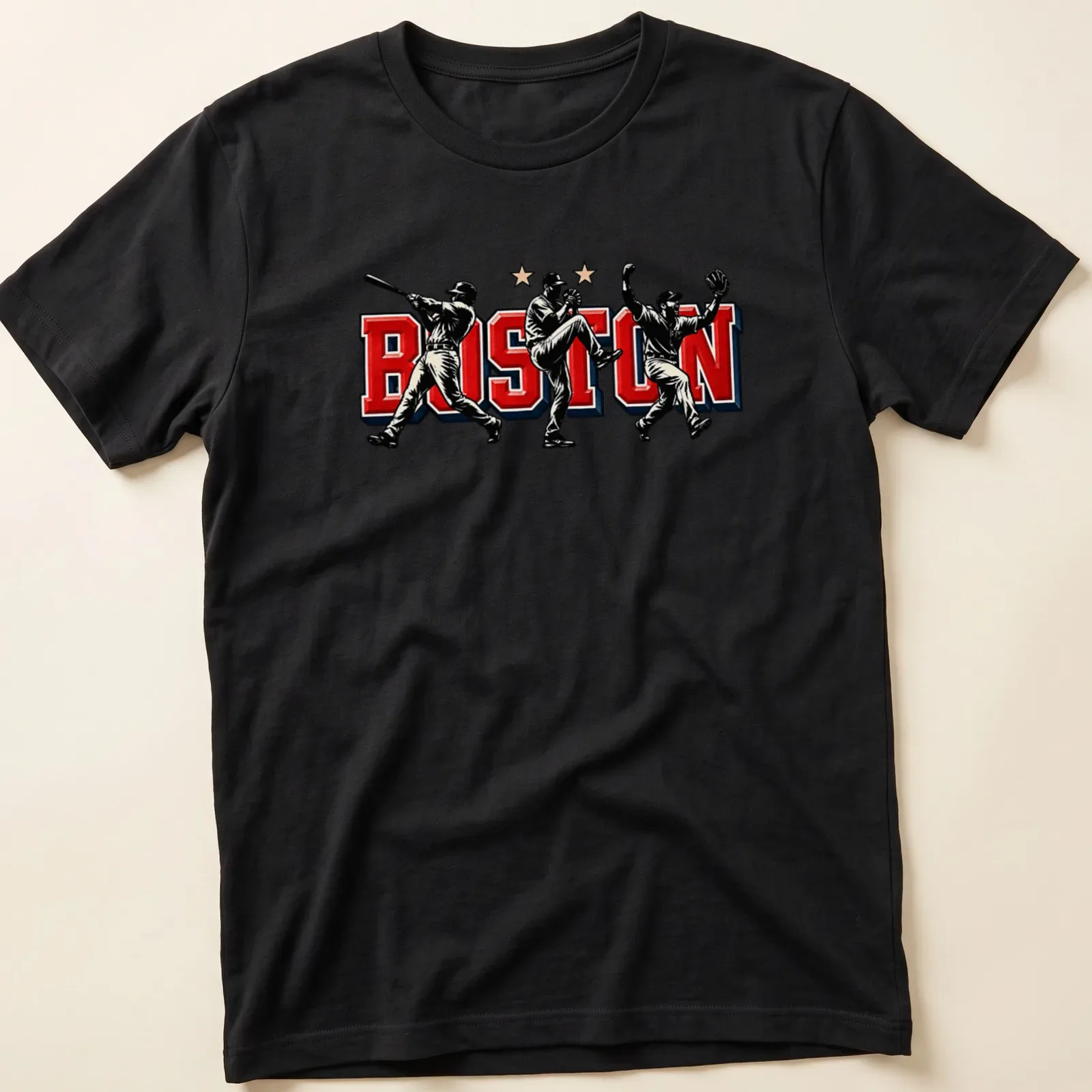 Vintage baseball shirt with Boston printed text and players in action. — printed on a unisex t-shirt