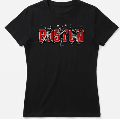 Vintage baseball shirt with Boston printed text and players in action. — printed on a women's shirt