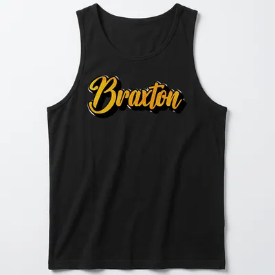 Personalized t-shirt featuring the name Braxton in bold yellow script on black. — printed on a tank top