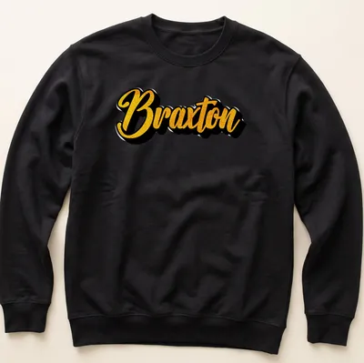 Personalized t-shirt featuring the name Braxton in bold yellow script on black. — printed on a unisex sweatshirt