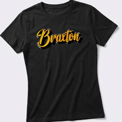Personalized t-shirt featuring the name Braxton in bold yellow script on black. — printed on a women's shirt