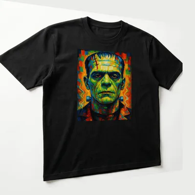 Vibrant expressionist Frankenstein's monster t-shirt in multiple colors — printed on a unisex t-shirt (angled view)