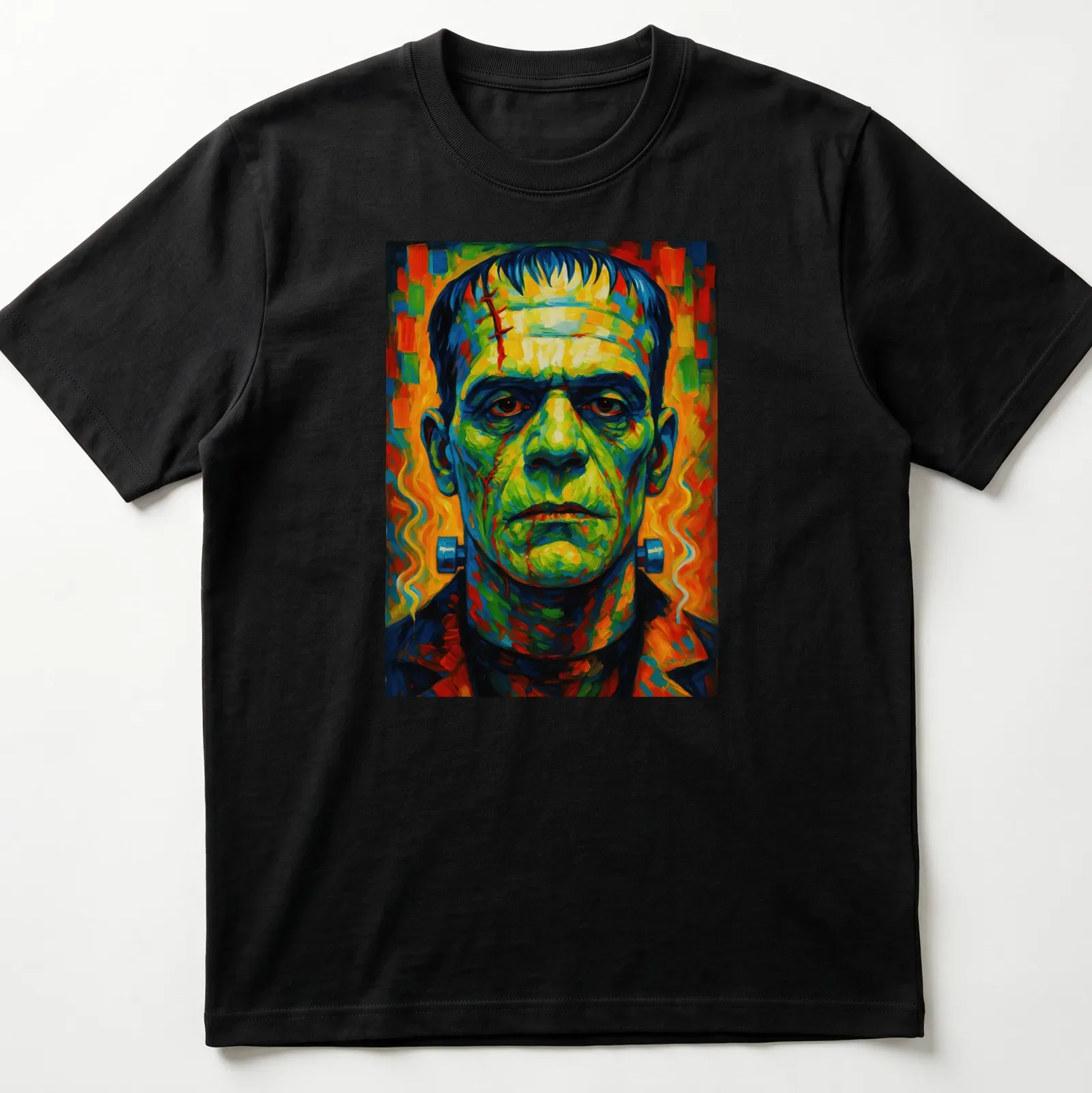 Vibrant expressionist Frankenstein's monster t-shirt in multiple colors — printed on a unisex t-shirt
