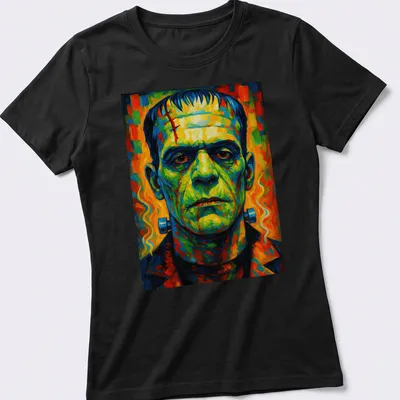 Vibrant expressionist Frankenstein's monster t-shirt in multiple colors — printed on a women's shirt