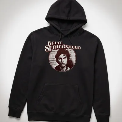 Vintage Bruce Springsteen t-shirt with distressed text in brown, black, and white. — printed on a unisex hoodie