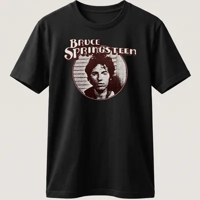 Vintage Bruce Springsteen t-shirt with distressed text in brown, black, and white.