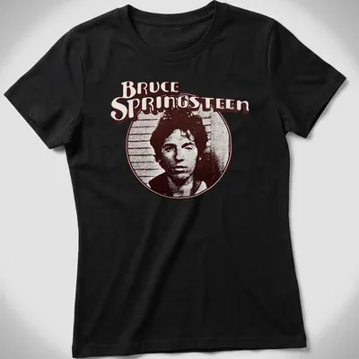 Vintage Bruce Springsteen t-shirt with distressed text in brown, black, and white. — printed on a women's shirt