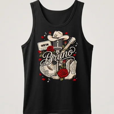 Vintage cowboy-themed tee featuring Bruno with a microphone, guitar, and cowboy hat — printed on a tank top