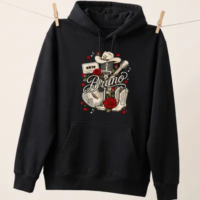 Vintage cowboy-themed tee featuring Bruno with a microphone, guitar, and cowboy hat — printed on a unisex hoodie