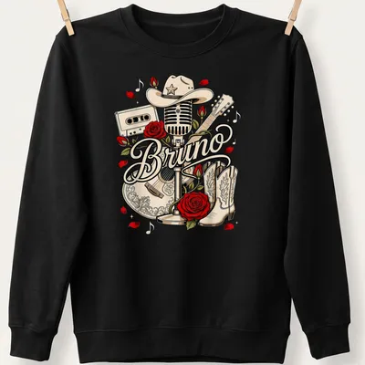 Vintage cowboy-themed tee featuring Bruno with a microphone, guitar, and cowboy hat — printed on a unisex sweatshirt