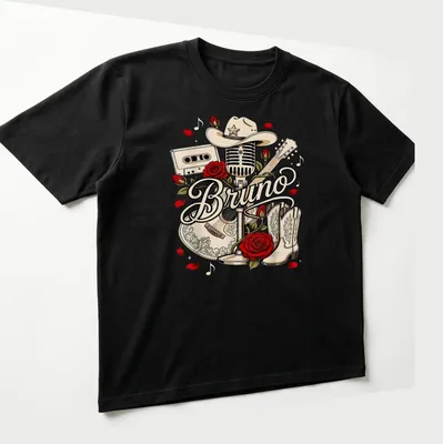 Vintage cowboy-themed tee featuring Bruno with a microphone, guitar, and cowboy hat — printed on a unisex t-shirt (angled view)