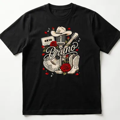 Vintage cowboy-themed tee featuring Bruno with a microphone, guitar, and cowboy hat