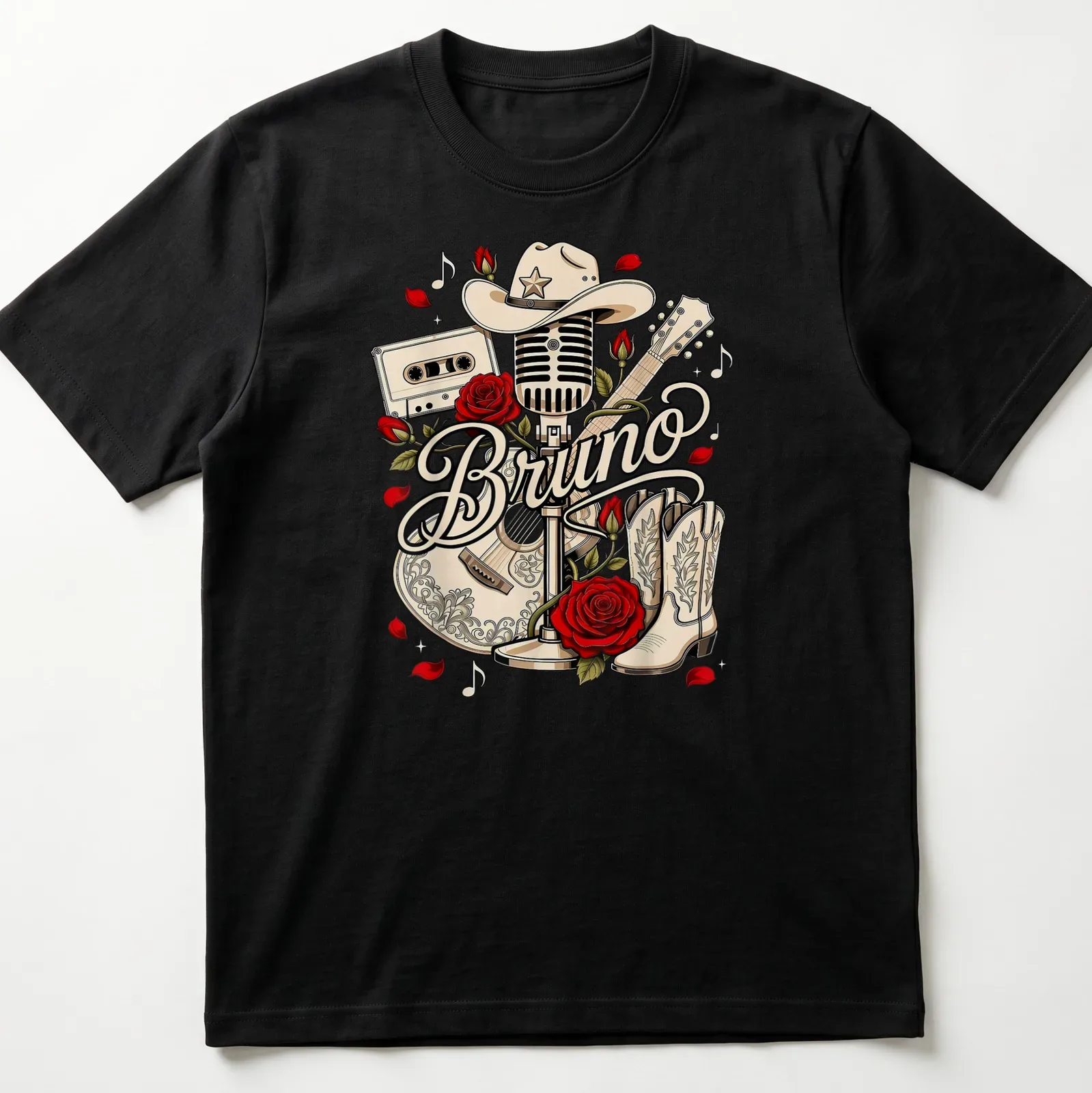 Vintage cowboy-themed tee featuring Bruno with a microphone, guitar, and cowboy hat — printed on a unisex t-shirt