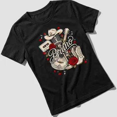 Vintage cowboy-themed tee featuring Bruno with a microphone, guitar, and cowboy hat — printed on a women's shirt