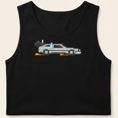 Pixel art Delorean in silver, blue, orange, and black, capturing retro nostalgia. — printed on a tank top