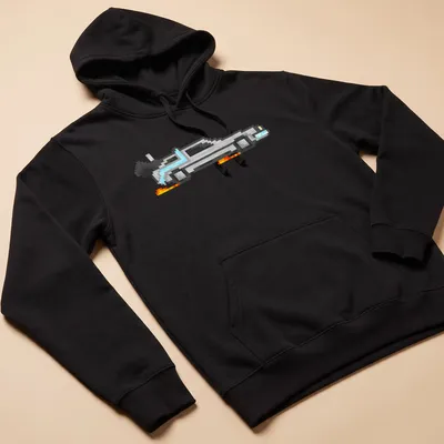 Pixel art Delorean in silver, blue, orange, and black, capturing retro nostalgia. — printed on a unisex hoodie