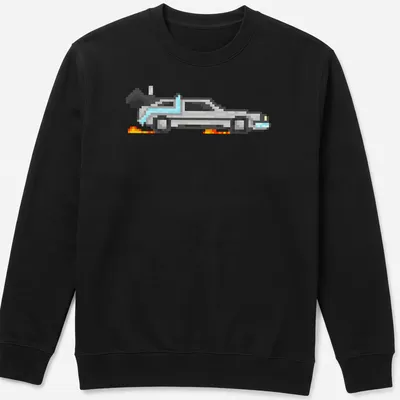 Pixel art Delorean in silver, blue, orange, and black, capturing retro nostalgia. — printed on a unisex sweatshirt
