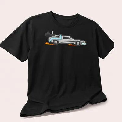 Pixel art Delorean in silver, blue, orange, and black, capturing retro nostalgia. — printed on a unisex t-shirt (angled view)