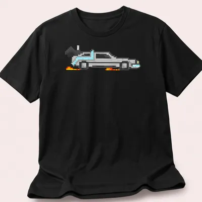 Pixel art Delorean in silver, blue, orange, and black, capturing retro nostalgia.