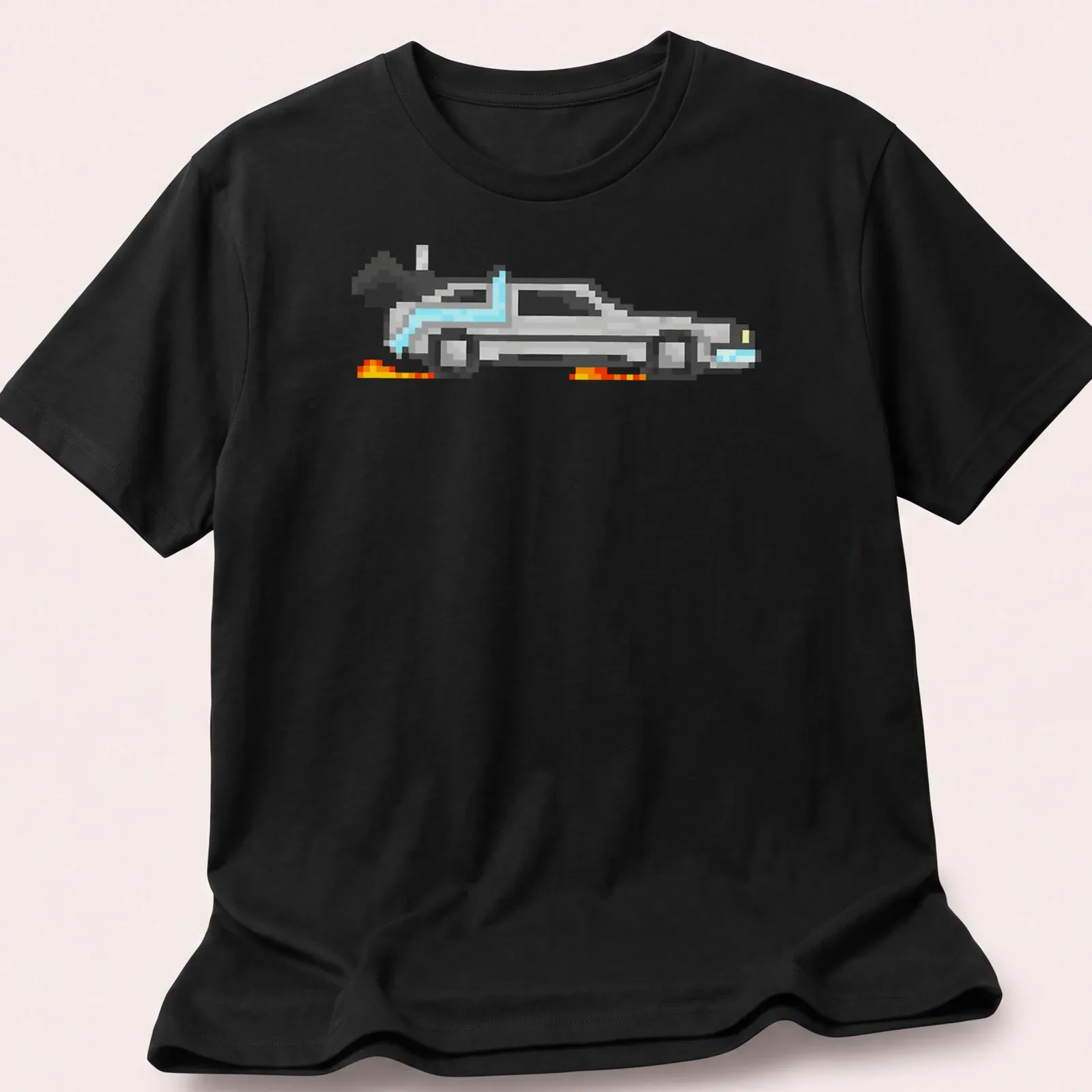 Pixel art Delorean in silver, blue, orange, and black, capturing retro nostalgia. — printed on a unisex t-shirt