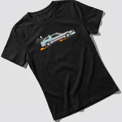 Pixel art Delorean in silver, blue, orange, and black, capturing retro nostalgia. — printed on a women's shirt