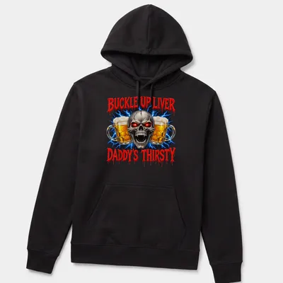 Skull graphic holding beer mugs with humorous text about drinking — printed on a unisex hoodie