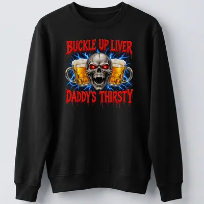 Skull graphic holding beer mugs with humorous text about drinking — printed on a unisex sweatshirt