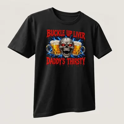 Skull graphic holding beer mugs with humorous text about drinking — printed on a unisex t-shirt (angled view)