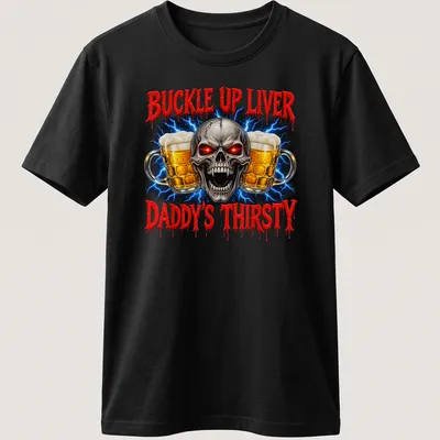 Skull graphic holding beer mugs with humorous text about drinking