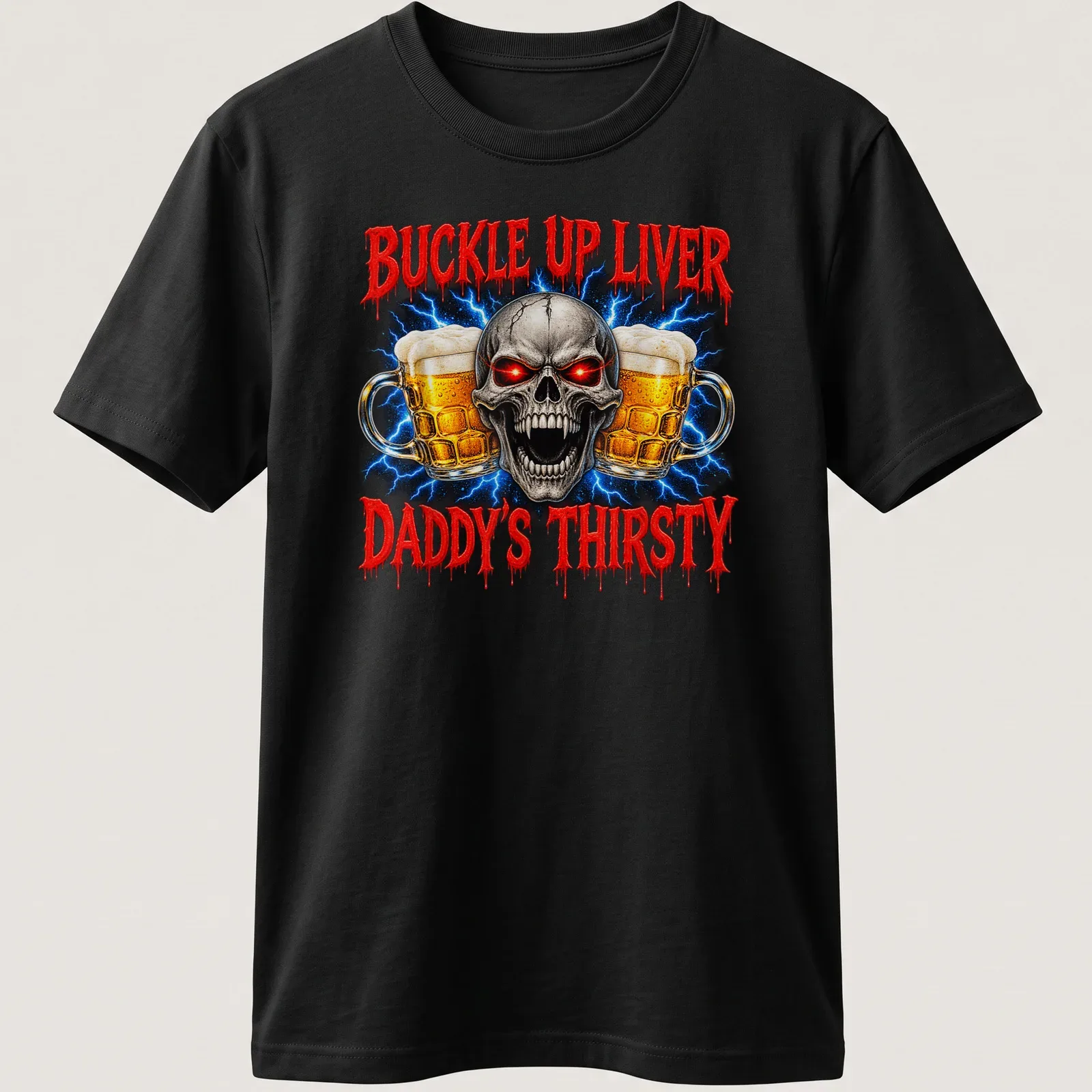 Skull graphic holding beer mugs with humorous text about drinking — printed on a unisex t-shirt