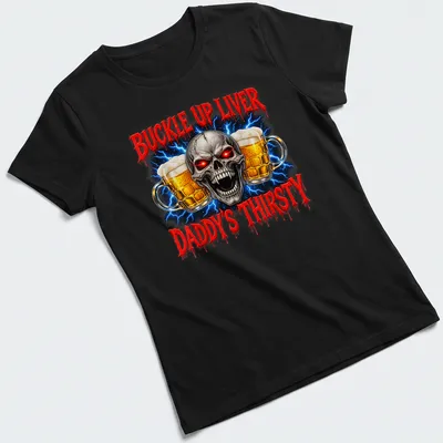 Skull graphic holding beer mugs with humorous text about drinking — printed on a women's shirt