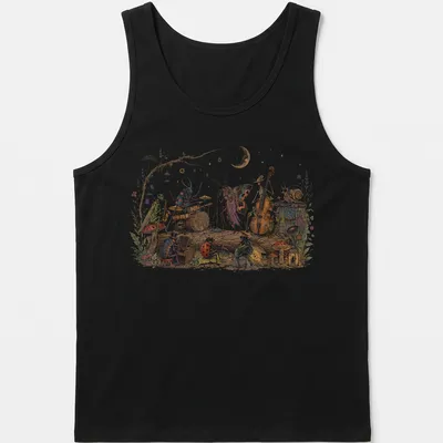 Whimsical illustration of bugs playing musical instruments in vibrant colors — printed on a tank top
