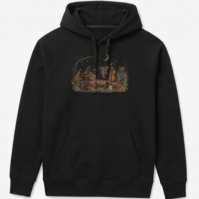 Whimsical illustration of bugs playing musical instruments in vibrant colors — printed on a unisex hoodie