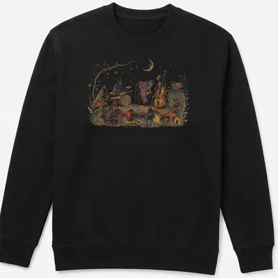 Whimsical illustration of bugs playing musical instruments in vibrant colors — printed on a unisex sweatshirt