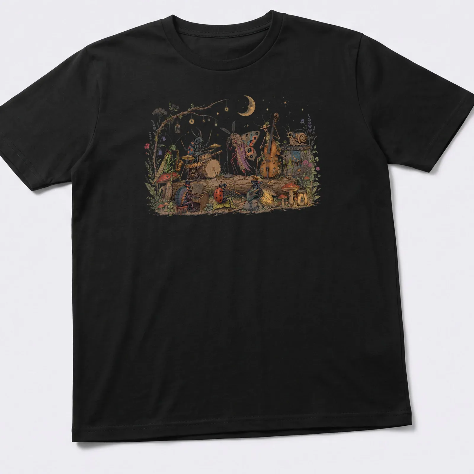 Whimsical illustration of bugs playing musical instruments in vibrant colors — printed on a unisex t-shirt